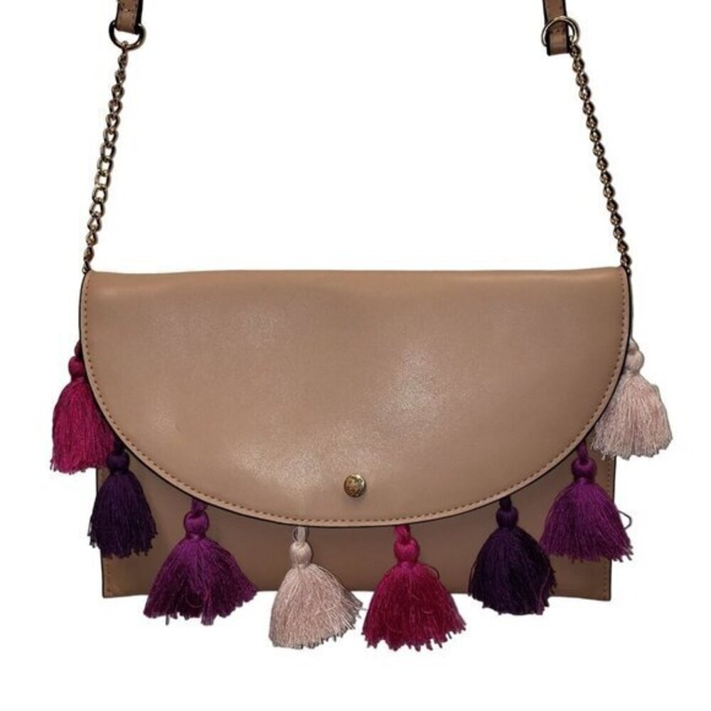 A New Day Crossbody Bag Purse‎ Tan Purple Tassels Womens Pre-Owned